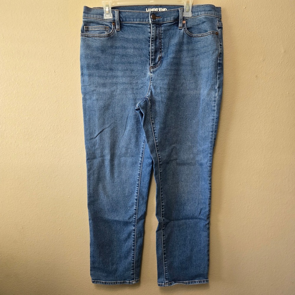 Lands' End Medium Wash Straight Leg Stretch Denim Jeans Petite 16 Blue
